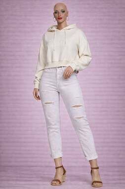 Forever 21+ Femme Embroidered Cropped Hoodie in Oat Milk